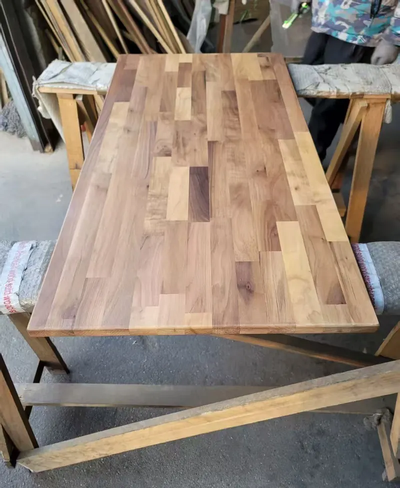 Custom butcher block countertop panel on factory workbench