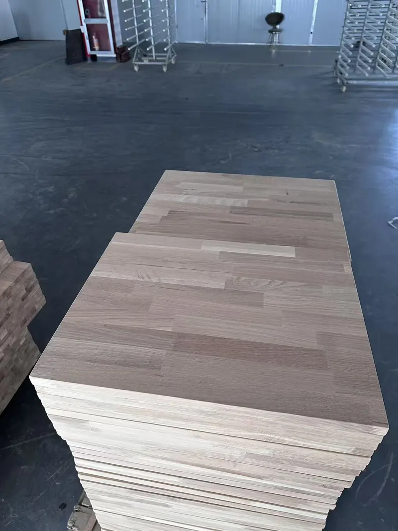 Stacked wood countertop panels in factory